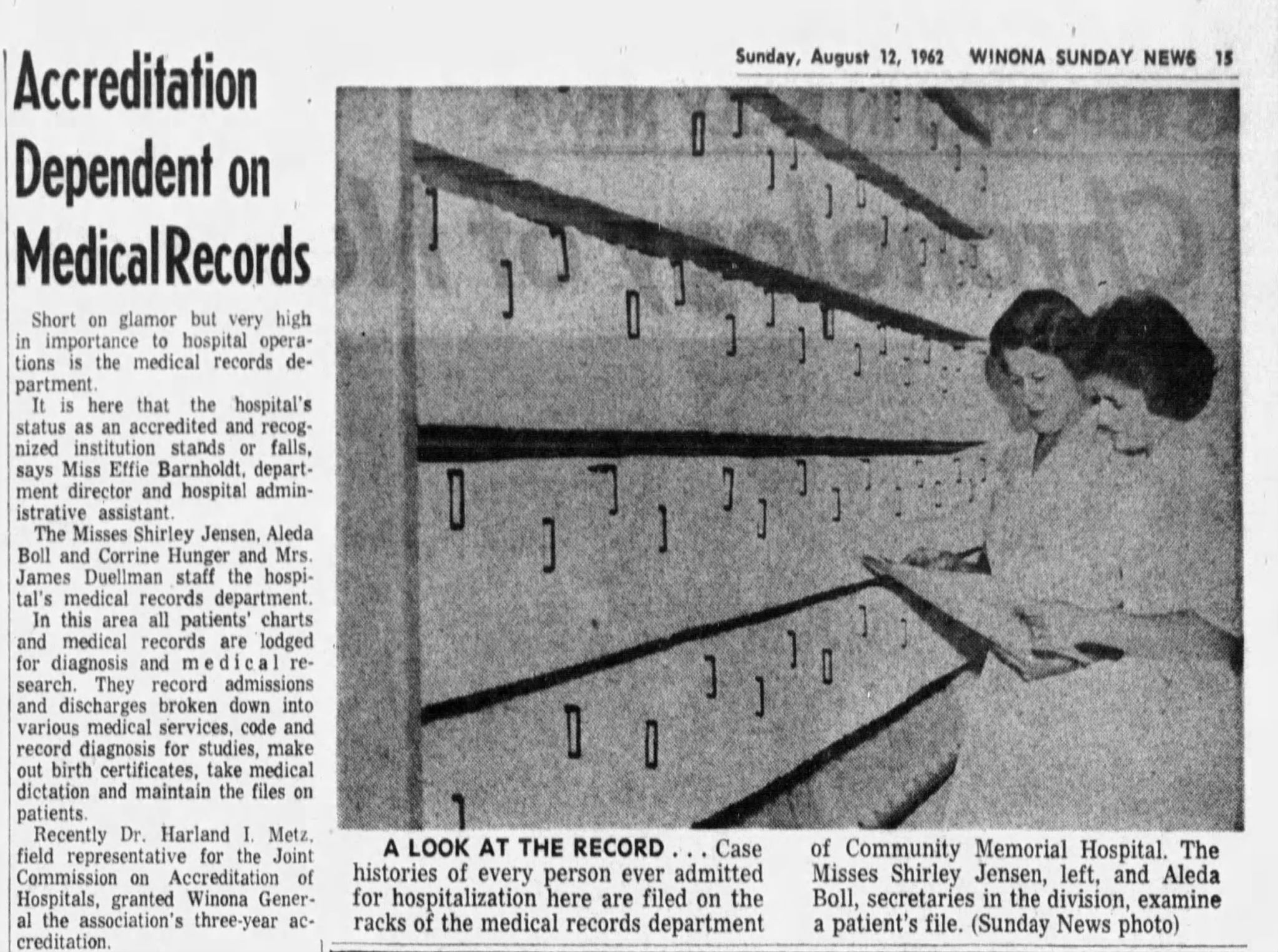 “Accreditation Dependent on Medical Records,” was published in The Winona Daily News (Winona, Minnesota) on Aug. 12, 1962.