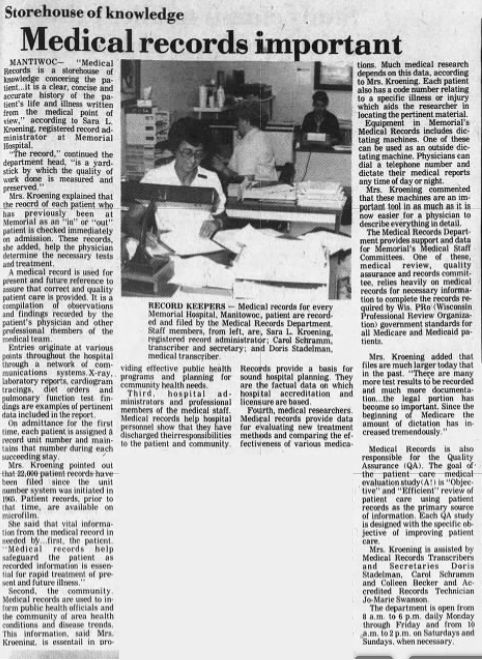 August 25, 1981: “Medical Records Important,” in the Manitowoc Herald-Times (Manitowoc, Wisconsin)